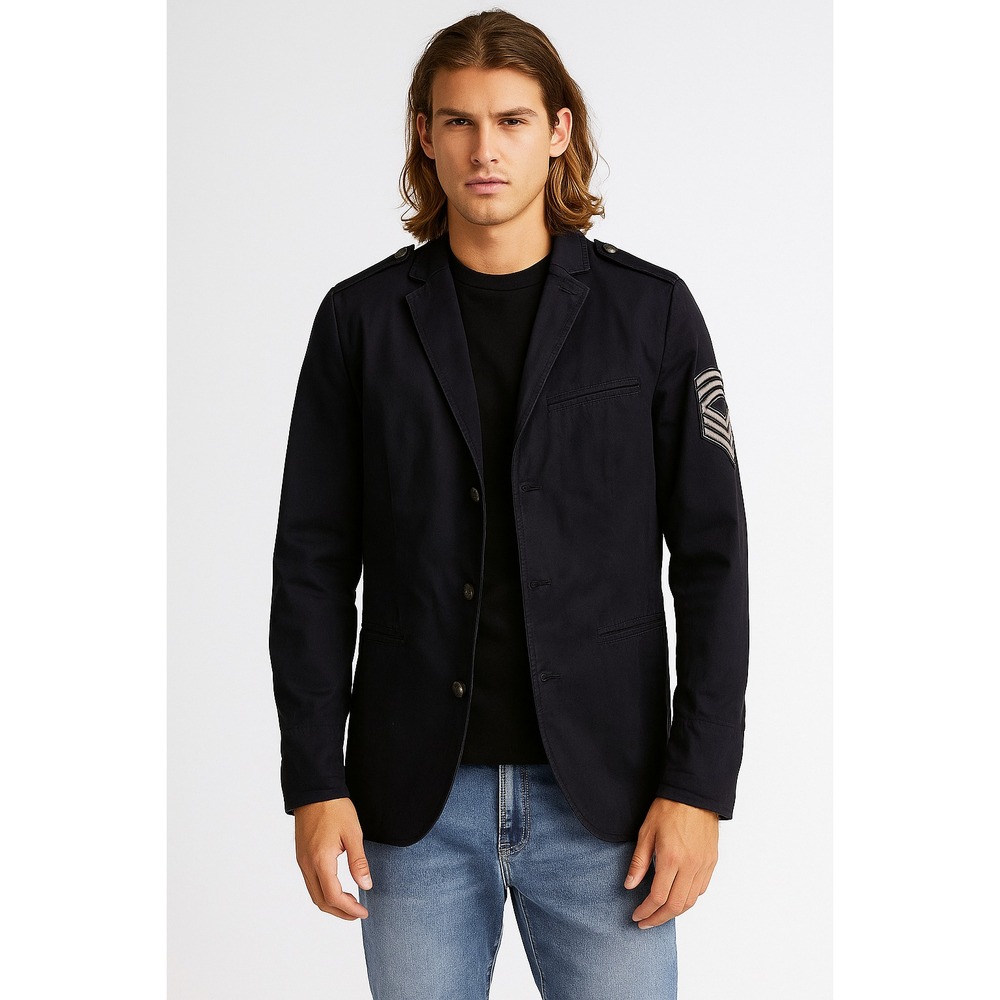 Vintage Y2K Express Men's Navy Military Patch‎ Style Blazer Jacket Size S